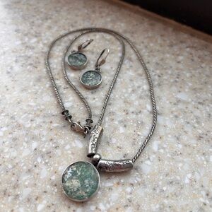 Roman Glass Sterling Silver Necklace and Earrings Set-Vintage